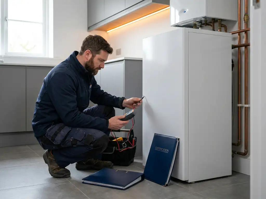 Technicus inspecteert staande gasketel in moderne stookruimte met meetinstrument, certificeringsmap op de vloer.