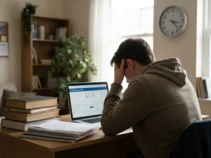 Student aan bureau met laptop en digitaal examen, stapel boeken, klok aan muur, zacht licht door raam, fotorealistische stijl.