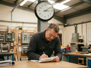 Technicus in werkkleding maakt schriftelijk examen aan werktafel, wandklok zichtbaar, industriële trainingsomgeving op achtergrond.