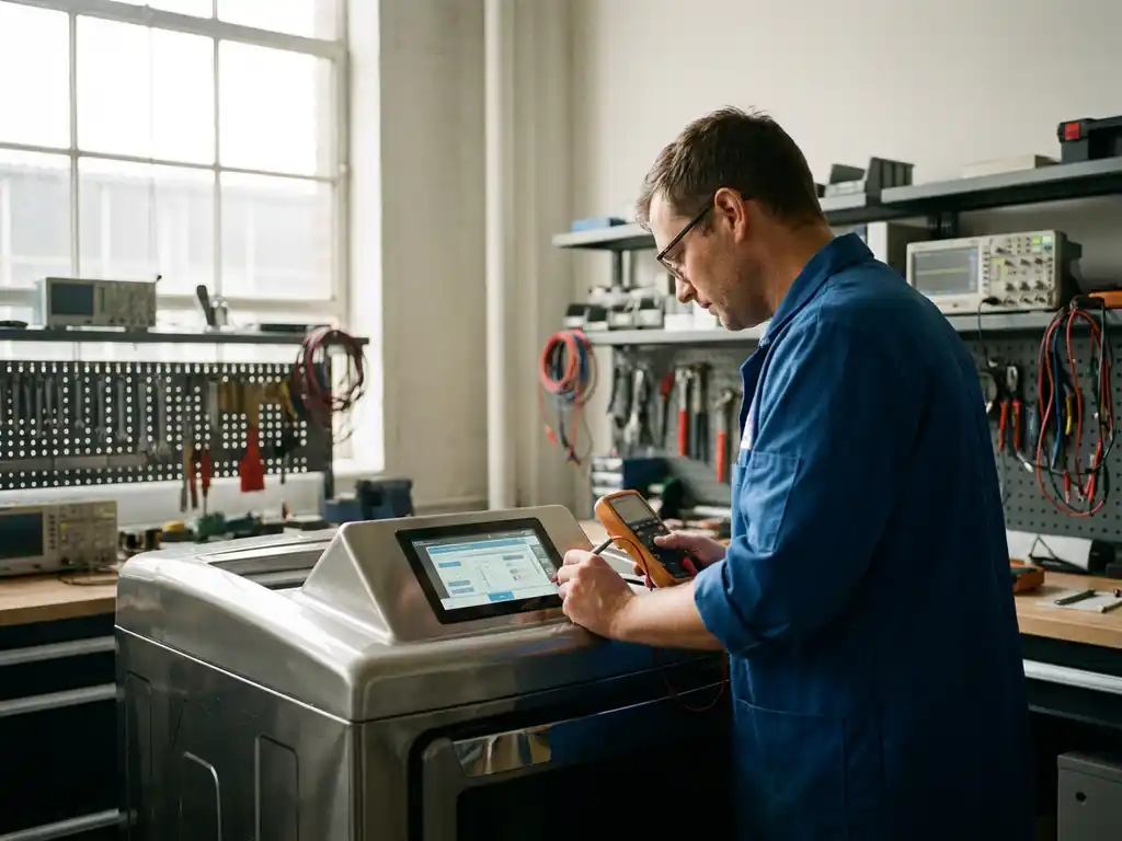 Technicus onderzoekt modern HVAC-systeem met digitaal display in werkplaats, omringd door geavanceerde gereedschappen, zacht daglicht.
