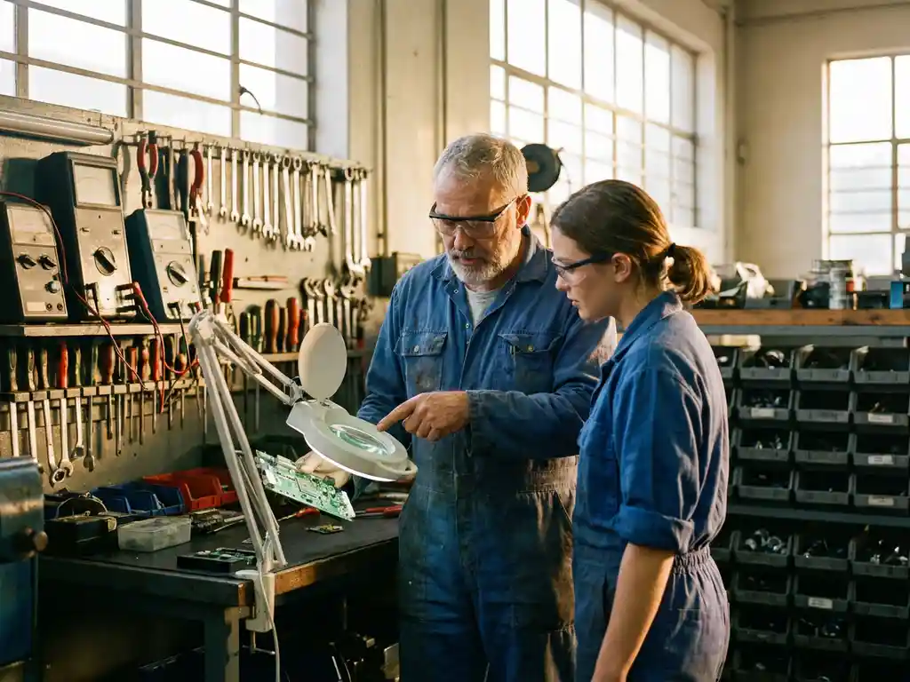 Ervaren technicus leert jonge leerling complexe taak, beiden in werkuniform, omringd door gereedschap in goed georganiseerde werkplaats.