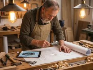 Vakkundige ambachtsman onderzoekt blauwdrukken en 3D-model op tablet in werkplaats met gereedschap en warme verlichting.