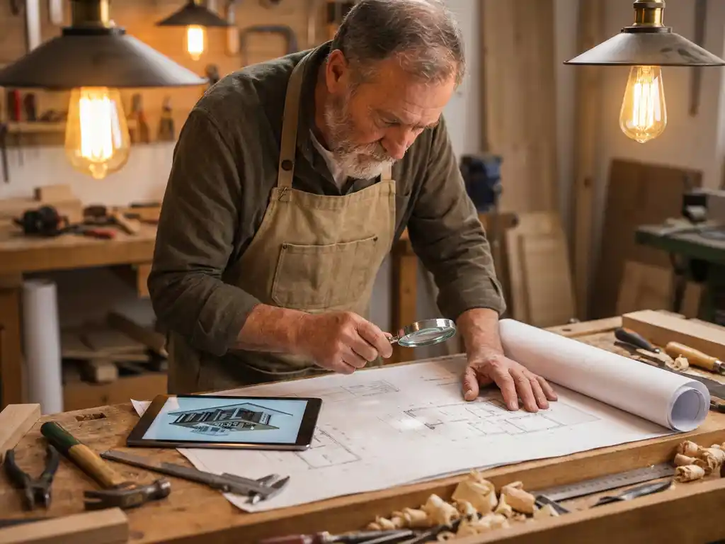 Vakkundige ambachtsman onderzoekt blauwdrukken en 3D-model op tablet in werkplaats met gereedschap en warme verlichting.