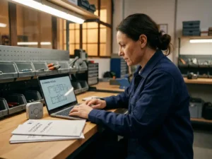 Vakman aan werktafel bestudeert e-learningmodule op laptop naast CO-detector en technische certificeringsdocumenten.