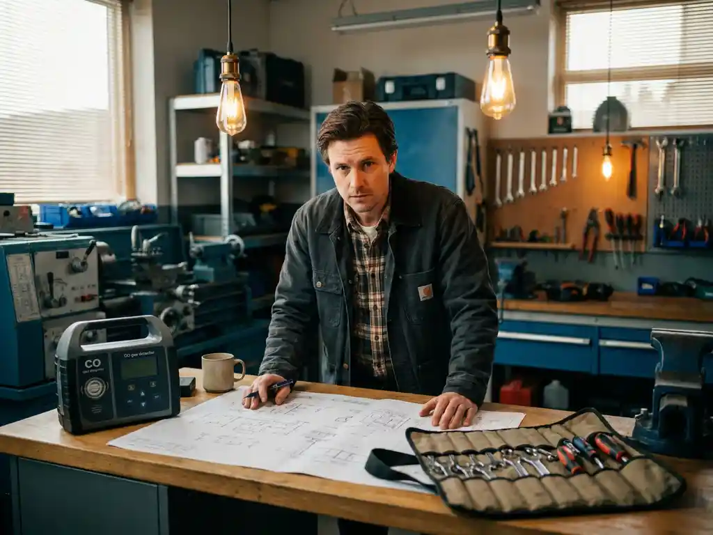 Vakman bestudeert technisch examen aan werktafel met CO-gasdetector en installatiegereedschap in industriële trainingsruimte.
