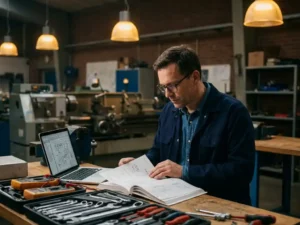 Vakman bestudeert technische handleiding aan werktafel met laptop en gereedschap in industrieel trainingscentrum.