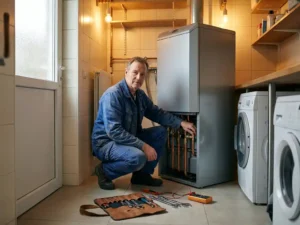 Ervaren monteur naast een cv-ketel met koperen leidingen in een Nederlandse technische ruimte.