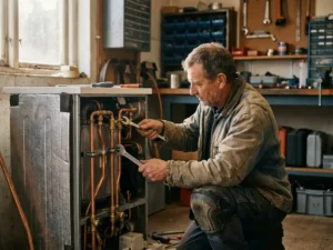 Verwarmingstechnicus past koperen leidingen aan op een moderne cv-installatie met professioneel gereedschap.