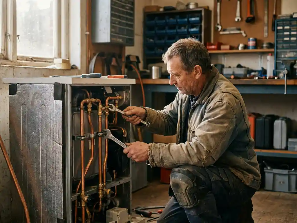 Verwarmingstechnicus past koperen leidingen aan op een moderne cv-installatie met professioneel gereedschap.