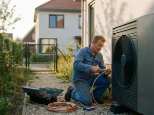 Monteur in blauwe overall past koperen leidingen aan van een buitenunit warmtepomp bij een Nederlandse woning in gouden avondlicht.