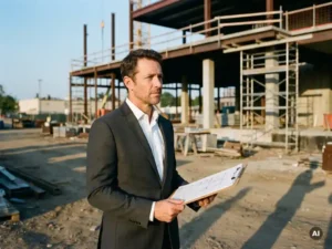 Professioneel in pak met clipboard onderzoekt bouwplaats, gedeeltelijk gebouw met steigers, lange schaduwen, 35mm filmstijl.