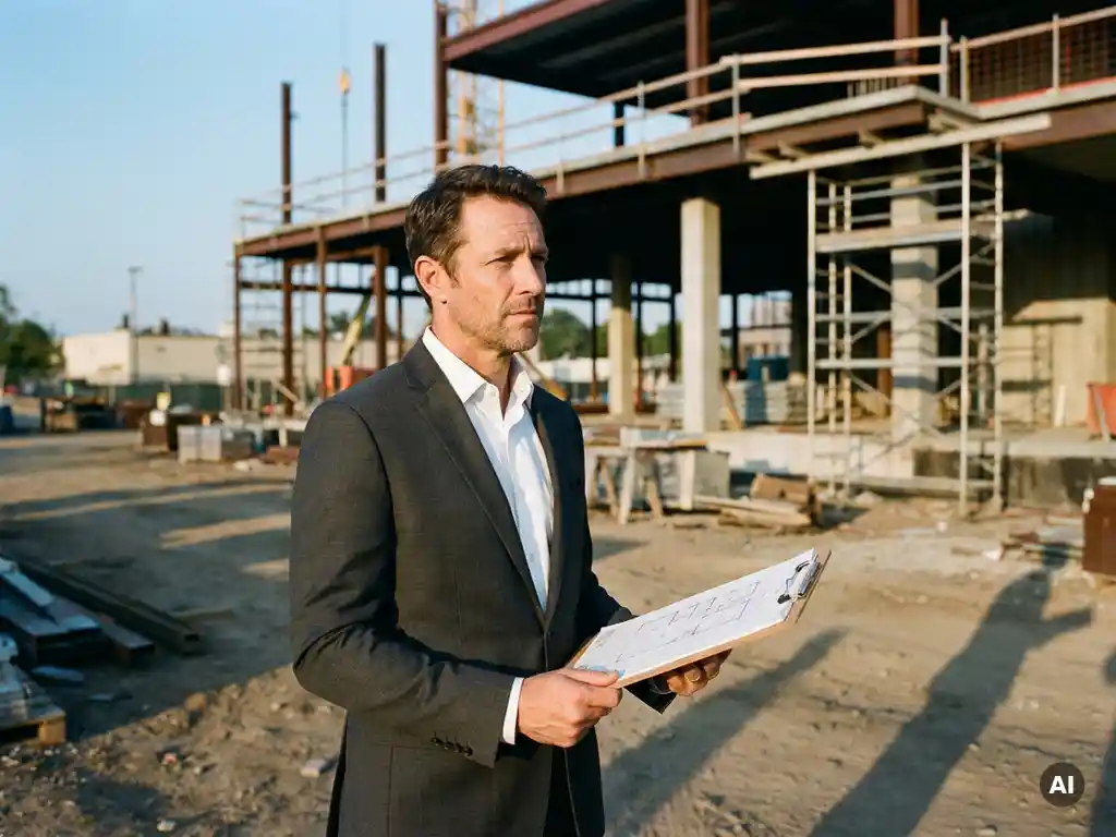 Professioneel in pak met clipboard onderzoekt bouwplaats, gedeeltelijk gebouw met steigers, lange schaduwen, 35mm filmstijl.