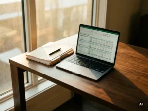 Laptop op houten bureau met spreadsheet, documenten en pen in zacht licht, filmische diepte, shot op 35mm film.