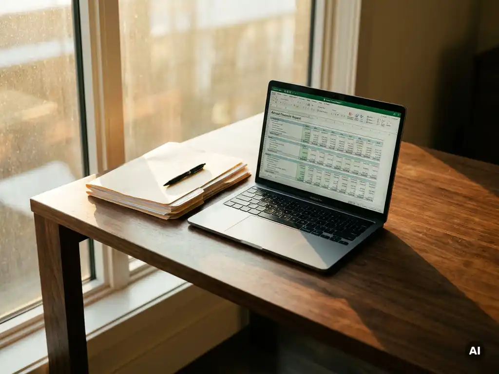 Laptop op houten bureau met spreadsheet, documenten en pen in zacht licht, filmische diepte, shot op 35mm film.