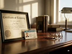Certificaat van training en NEN 3140 kaart op houten bureau met leesbril, zacht licht en filmische diepte.