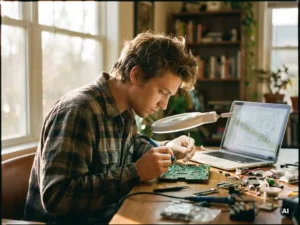 Jonge volwassene assembleert circuitbord aan bureau, laptop met schema open, zonlicht door raam, gedetailleerde filmstijl.