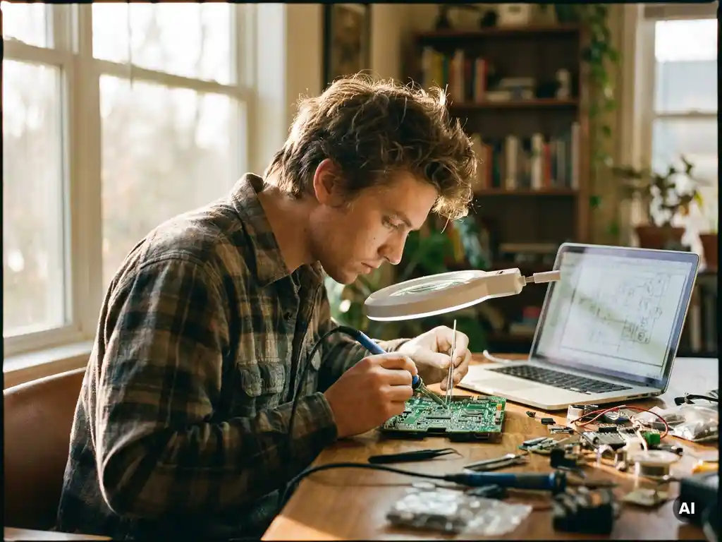 Jonge volwassene assembleert circuitbord aan bureau, laptop met schema open, zonlicht door raam, gedetailleerde filmstijl.