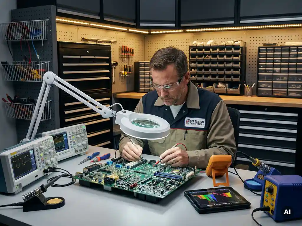 Elektricien onderzoekt complex schakelschema met diagnostische tools en tablet in moderne werkplaats met zacht licht.