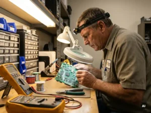 Elektricien onderzoekt circuitbord met precisie, omringd door hoogwaardige gereedschappen op georganiseerde werkbank in werkplaats.