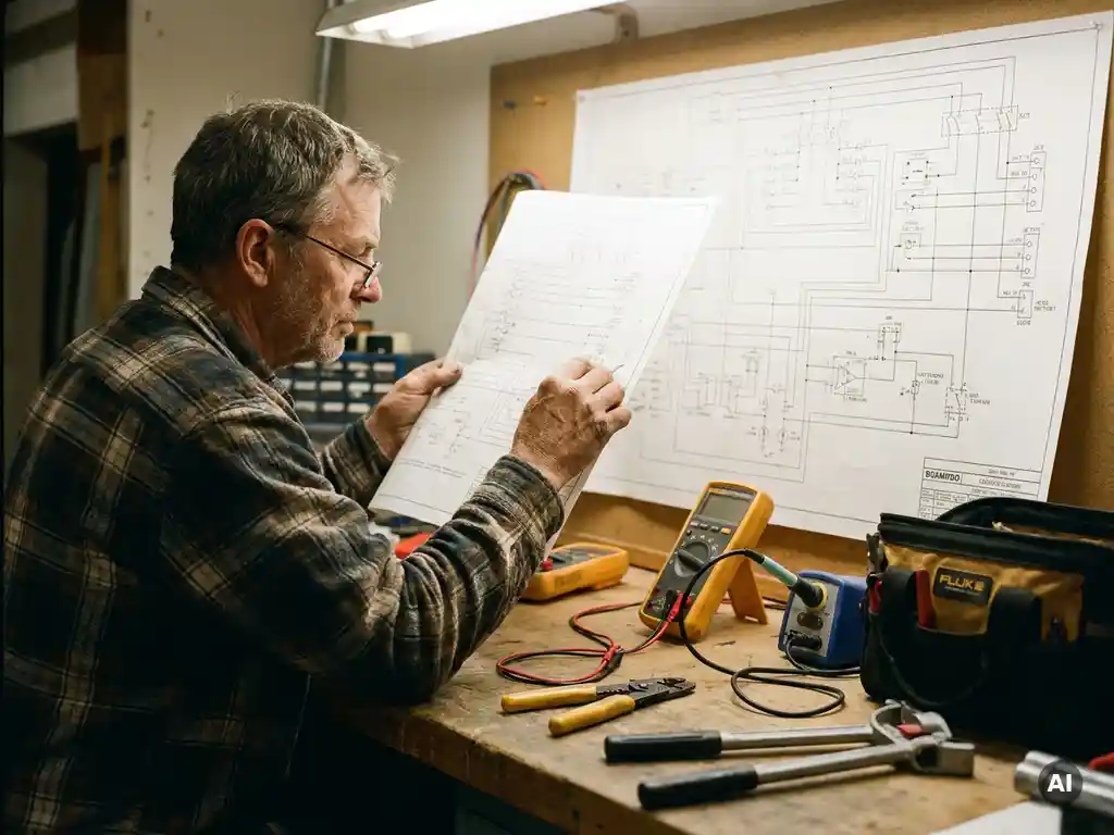 Ervaren elektricien onderzoekt circuitdiagram met moderne gereedschappen op werkbank, zachte verlichting, filmische diepte.