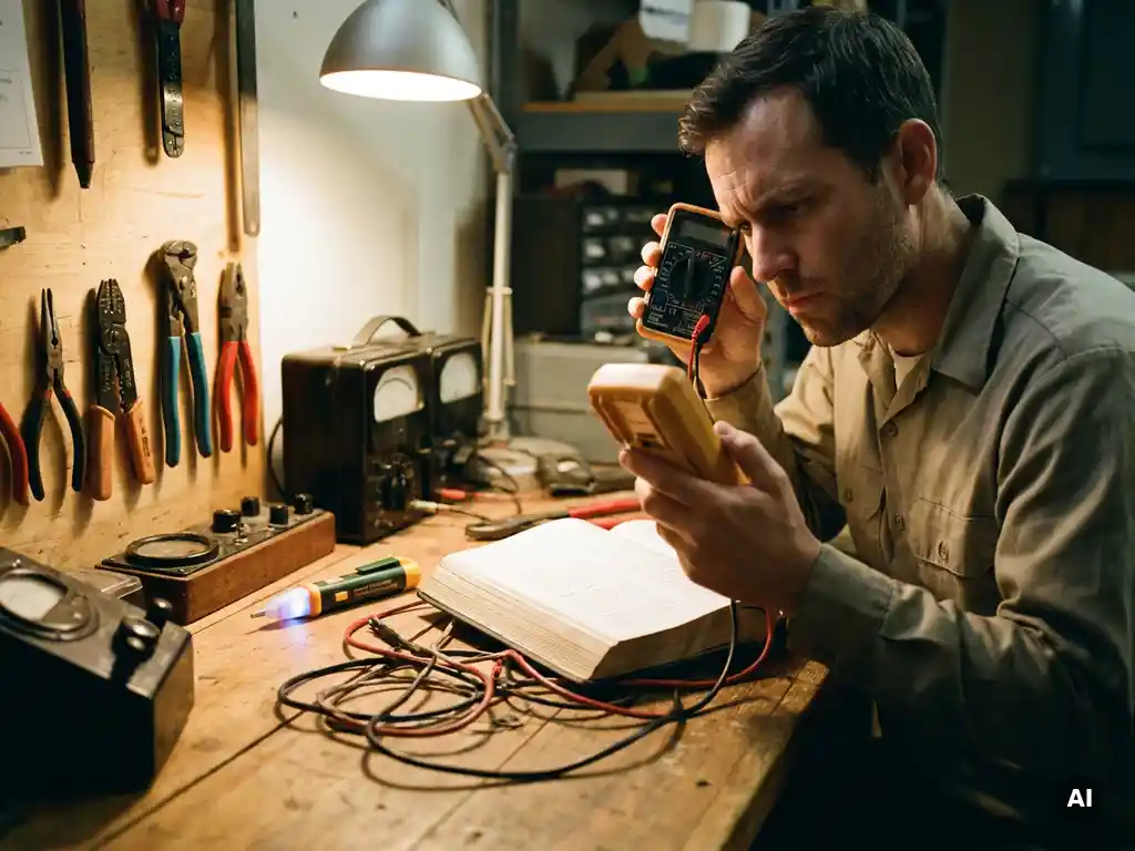 Elektricien onderzoekt digitale multimeter, omringd door elektrische gereedschappen op werkbank in sfeervolle werkplaatsverlichting.