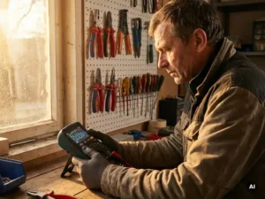 Elektricien onderzoekt digitale multimeter in goed verlichte werkplaats, omringd door traditionele gereedschappen en zonlicht.