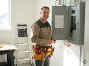 Elektricien naast open elektrisch paneel met gereedschapsgordel, gefocuste blik, zonlicht door raam, gedetailleerde diepte.