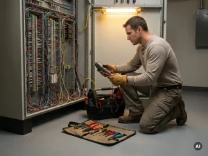 Elektricien onderzoekt elektrische paneel met multimeter, omringd door gereedschap op schone vloer, warme verlichting.