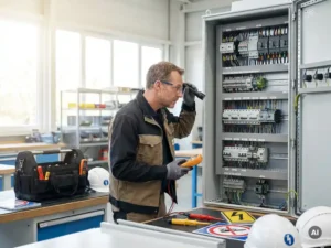 Elektricien onderzoekt complex elektrisch paneel in nette werkplaats, omringd door gereedschap en veiligheidsuitrusting.