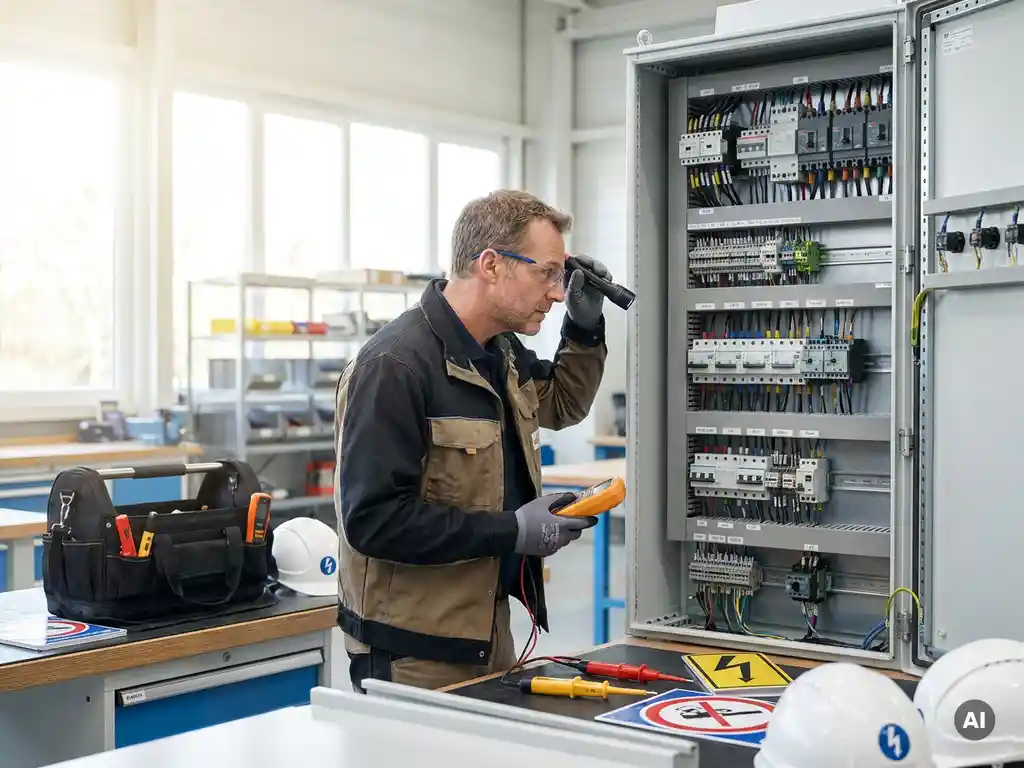 Elektricien onderzoekt complex elektrisch paneel in nette werkplaats, omringd door gereedschap en veiligheidsuitrusting.