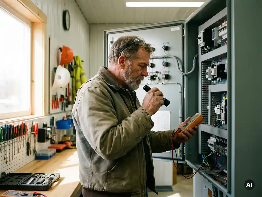 Ervaren elektricien onderzoekt complex elektrisch paneel in goed verlichte werkplaats met gereedschap en veiligheidsuitrusting.