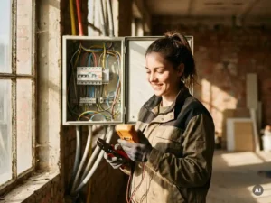 Aankomend elektricien met gereedschap voor onafgemaakt elektrisch paneel, zonlicht en schaduwen, fotorealistische stijl.
