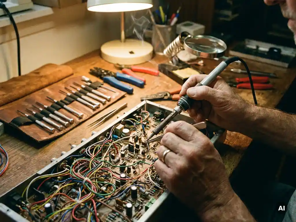 Elektricien werkt aan complex printplaat met kleurrijke draden en componenten, precisiegereedschap op houten werkbank.