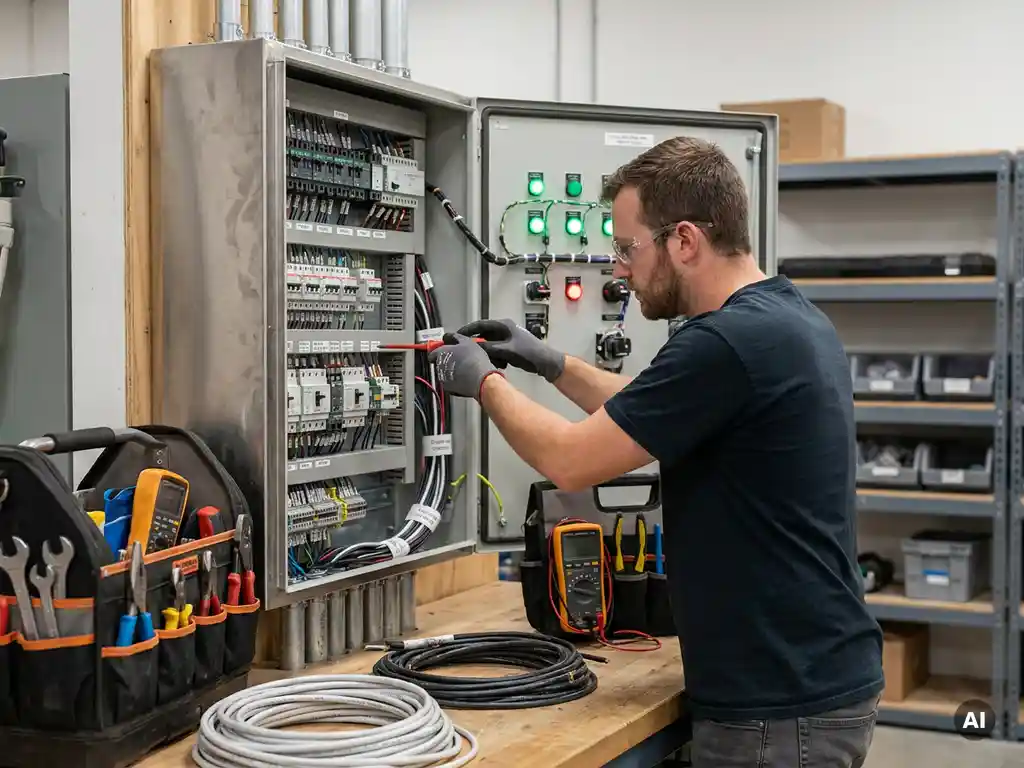 Elektricien past PV-systeem paneel aan met LED-indicatoren, omringd door gereedschap en draden in goed verlichte werkplaats.