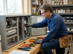 Elektricien past voorzichtig een stroomonderbrekerpaneel aan, omringd door gereedschap en netjes gelabelde draden, in zacht licht.