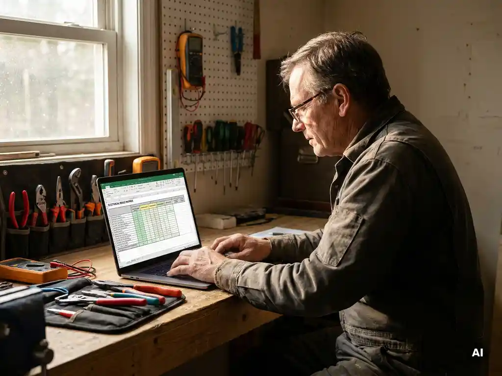 Elektricien onderzoekt vaardighedenmatrix op laptop, omringd door elektrische gereedschappen op werkbank, zacht natuurlijk licht.