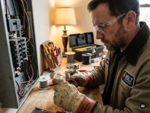 Elektricien onderzoekt zorgvuldig een schakelkast met spanningsmeter, omringd door gereedschap op een nette werkbank.