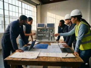 Ingenieurs onderzoeken een model van een elektrisch verdeelpaneel voor PV-systemen, omringd door blauwdrukken en documenten.