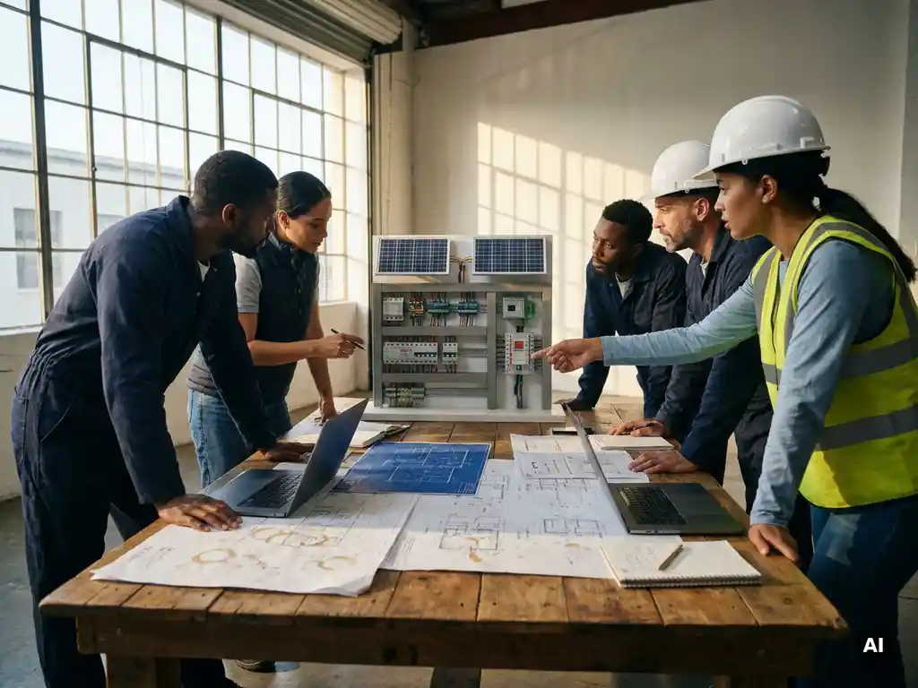 Ingenieurs onderzoeken een model van een elektrisch verdeelpaneel voor PV-systemen, omringd door blauwdrukken en documenten.