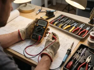Handen testen circuit met multimeter op elektrisch schema, omringd door gereedschap op werkbank, gedetailleerd en fotorealistisch.