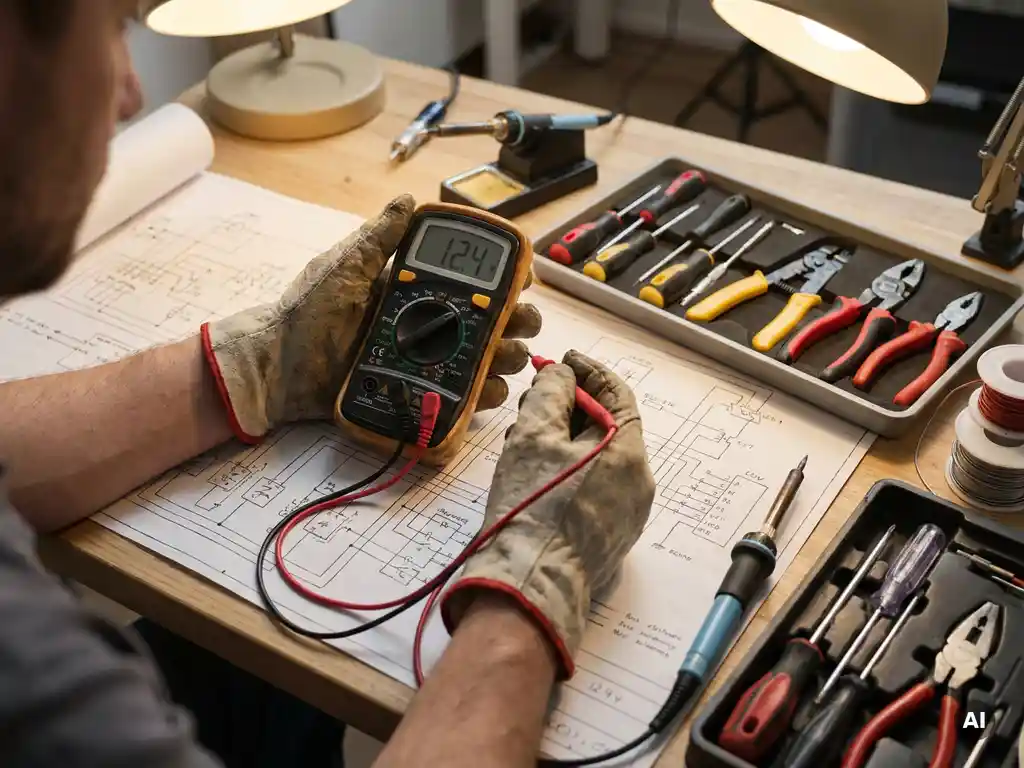 Handen testen circuit met multimeter op elektrisch schema, omringd door gereedschap op werkbank, gedetailleerd en fotorealistisch.