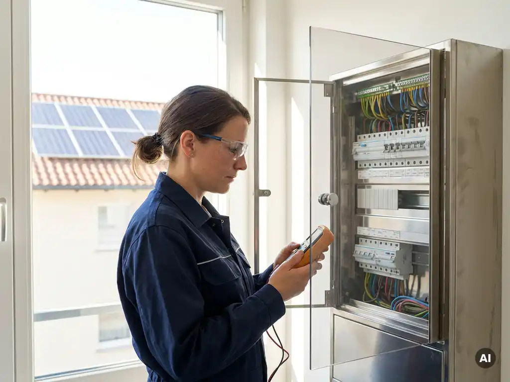 Technicus onderzoekt modern verdeelbord met circuits, zonnepaneel op dak zichtbaar, helder daglicht verlicht de scène.