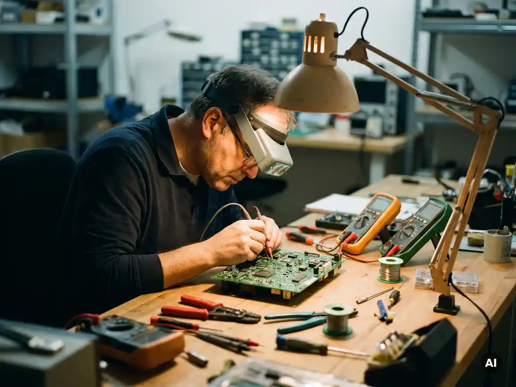 Technicus onderzoekt gedetailleerd elektrisch circuitbord met gereedschap op werkbank, warme gloed van bureaulamp, filmische diepte.