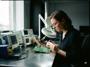 Elektronica-ingenieur onderzoekt nauwkeurig een printplaat, omringd door modern testapparatuur op een stijlvolle werkbank.