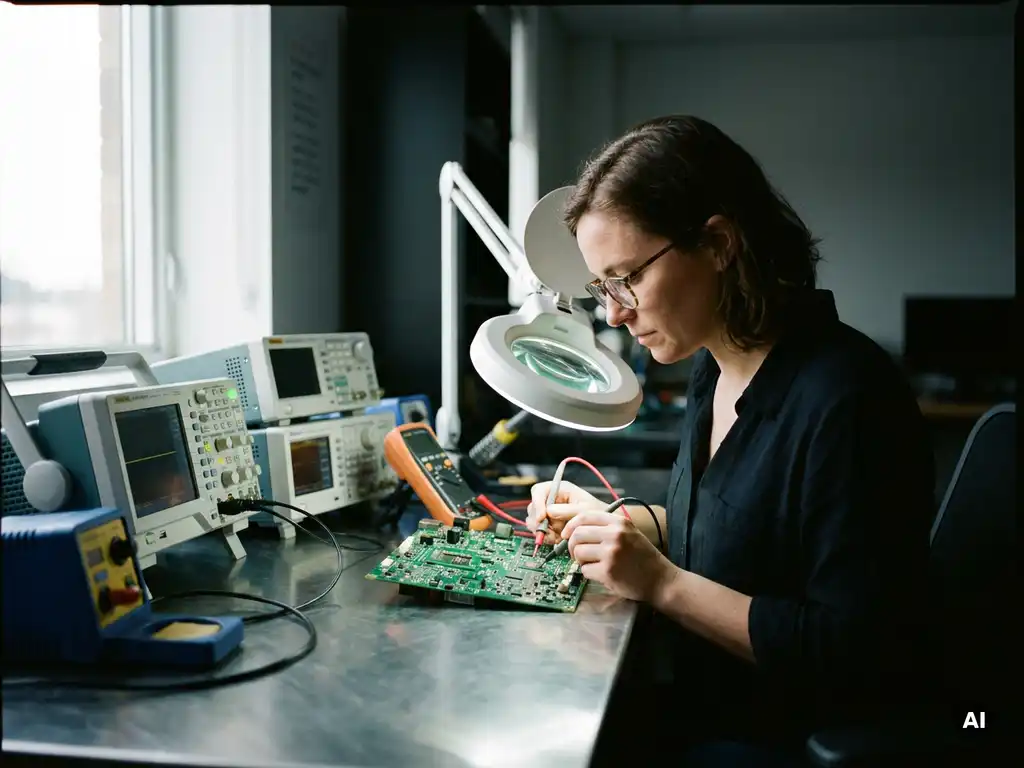 Elektronica-ingenieur onderzoekt nauwkeurig een printplaat, omringd door modern testapparatuur op een stijlvolle werkbank.