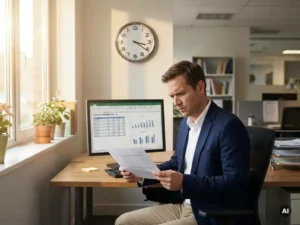 Manager in zakenkleding bekijkt rapport bij bureau met computerscherm, klok aan muur, natuurlijk licht door raam.