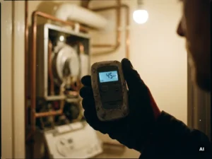 Technicus houdt koolmonoxidemelder met schermweergave vast, gasboiler op achtergrond, warme sfeer, gedetailleerde texturen.