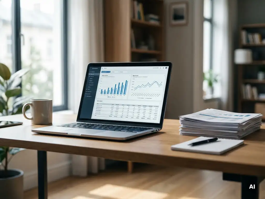 Open laptop op houten bureau met digitale rapporten, grafieken, stapel papieren rapporten, pen, notitieblok, zacht natuurlijk licht.