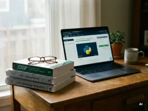 Moderne laptop met e-learning module op houten bureau, naast certificeringshandleidingen en leesbril, zacht natuurlijk licht.