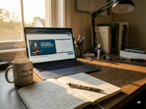Laptop met online cursus elektrotechniek, notitieboek met aantekeningen, pen, dampende koffie, ochtendlicht door raam.
